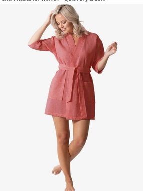 Coral Waffle Knit Short Robe with Belt